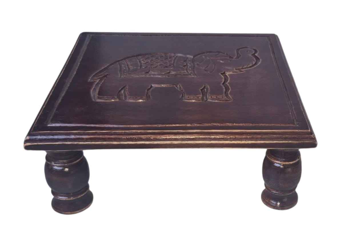 Black Handcrafted Wooden Stool with Elephant Carving