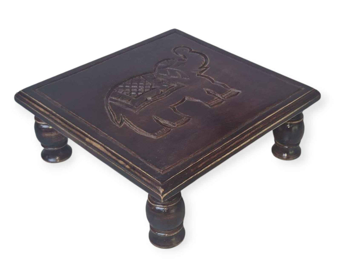 Black Handcrafted Wooden Stool with Elephant Carving