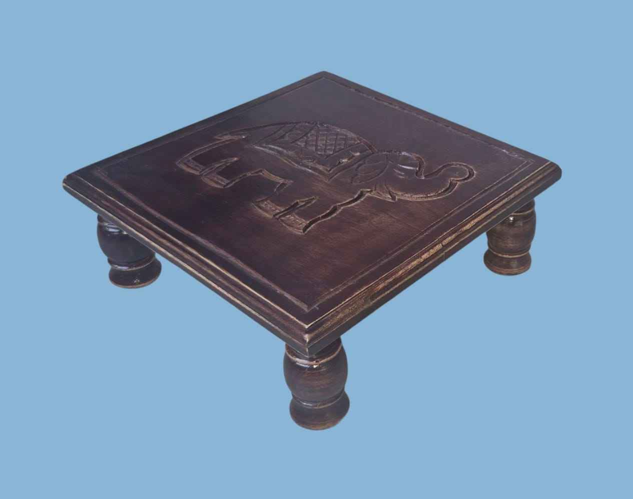 Black Handcrafted Wooden Stool with Elephant Carving