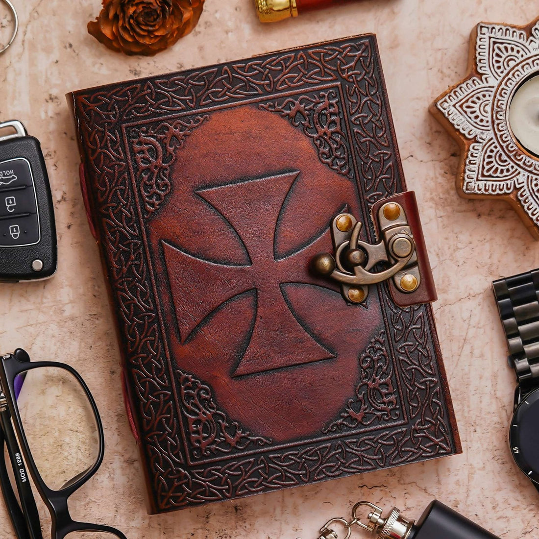 Vintage Handmade Genuine Leather Journal-Premium Antique Lock Closure-200 Handmade White Pages -10 - Navkar Handicrafts