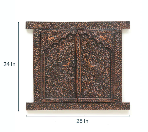 Handcrafted Wooden Wall Window Frame with Doors-28-24 Inches-Hand-Painted Traditional Art for Home Decor