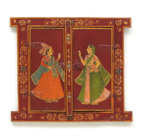 Rajasthani Hand-Painted Wooden Wall Window Frame-Traditional Couple Artwork-23-14 in-Home Decor Panel
