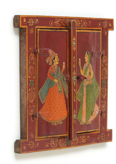 Rajasthani Hand-Painted Wooden Wall Window Frame-Traditional Couple Artwork-23-14 in-Home Decor Panel - Navkar Handicrafts
