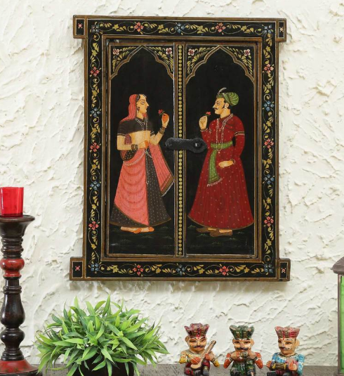 Hand-Painted Wooden Wall Window Frame-Black Rajasthani Royal Couple Art-23-18 cm-Traditional Indian Decor