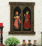 Hand-Painted Wooden Wall Window Frame-Black Rajasthani Royal Couple Art-23-18 cm-Traditional Indian Decor