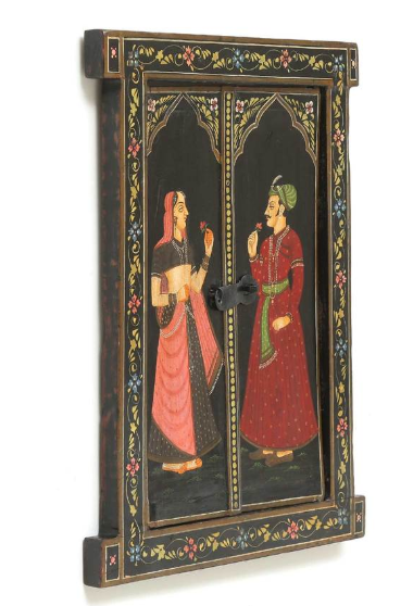 Hand-Painted Wooden Wall Window Frame-Black Rajasthani Royal Couple Art-23-18 cm-Traditional Indian Decor - Navkar Handicrafts