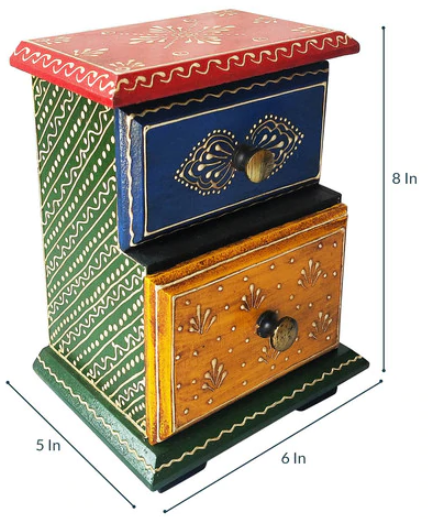 Mini Hand-Painted Wooden Drawer Chest | Ethnic Storage Box with 2 Drawers (6x5x8 in) - Navkar Handicrafts