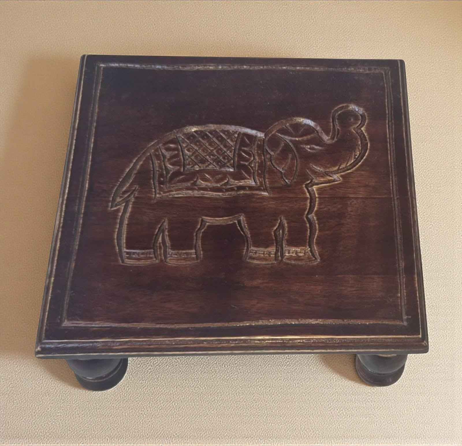 Black Handcrafted Wooden Stool with Elephant Carving