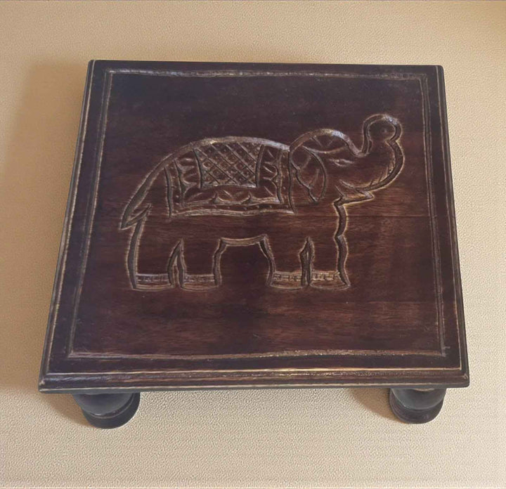 Black Handcrafted Wooden Stool with Elephant Carving