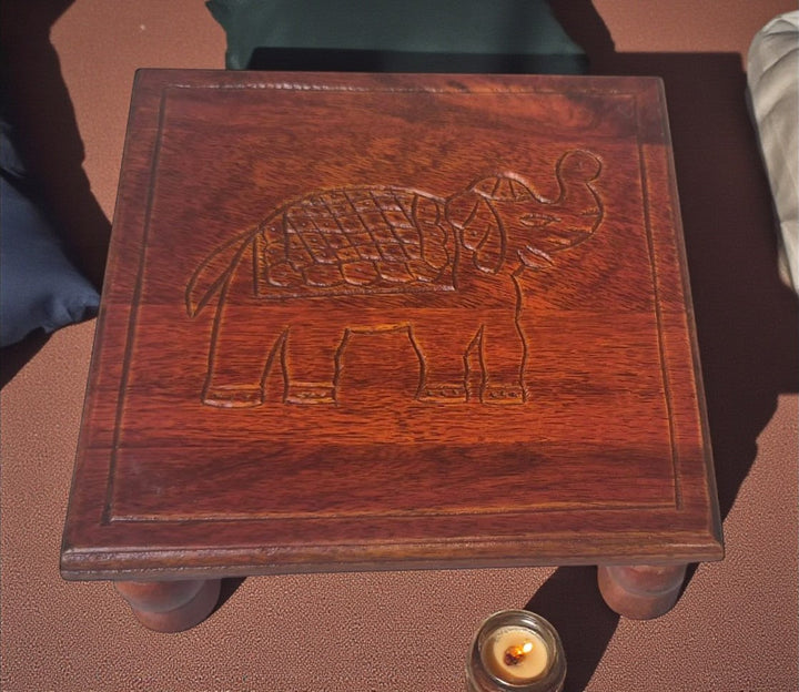 Handcrafted Wooden Stool with Elephant Carving - Navkar Handicrafts
