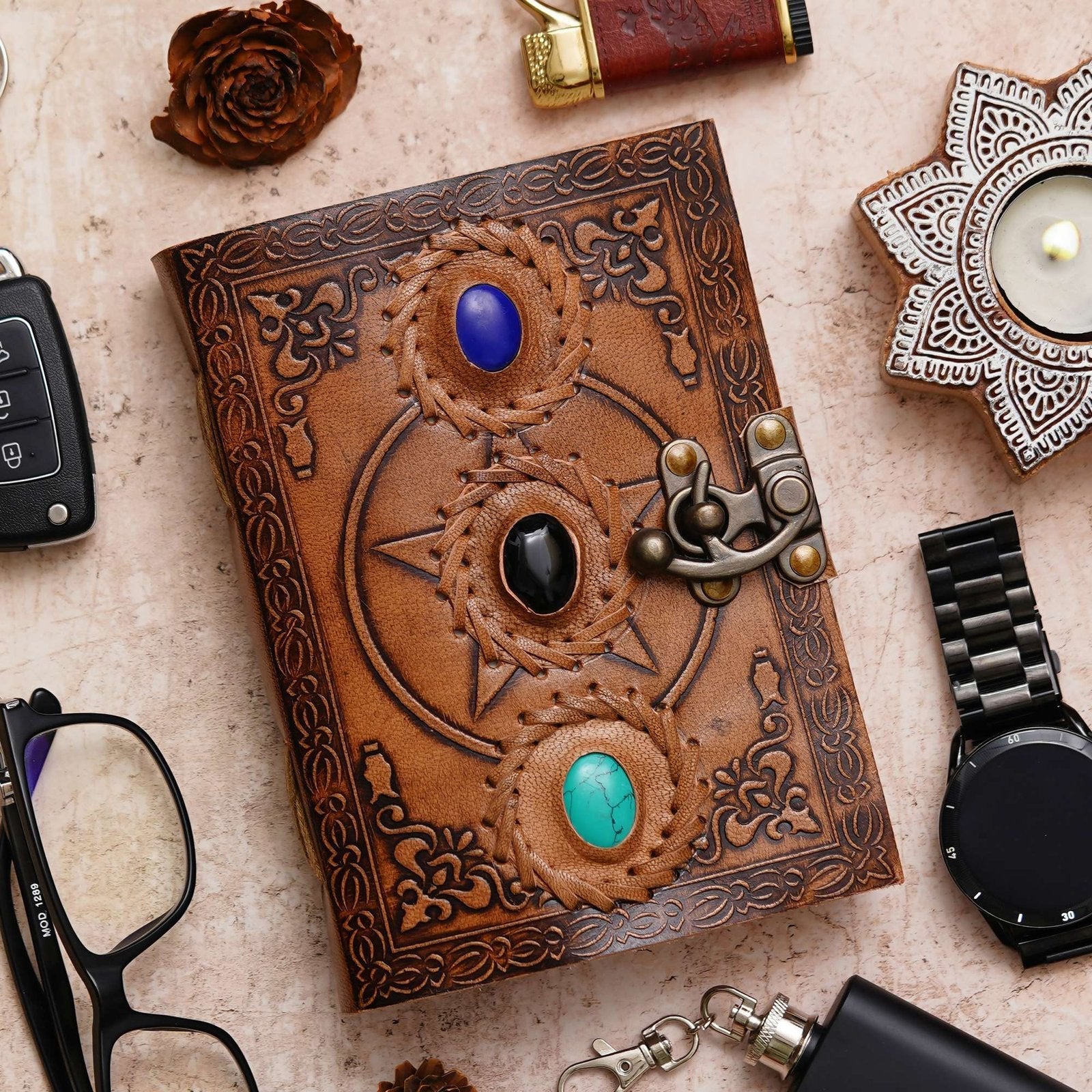 Vintage Handmade Genuine Leather Journal-Premium Antique Lock Closure-200 Handmade White Pages -1 - Navkar Handicrafts