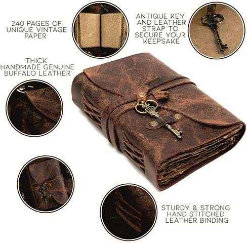 Genuine Leather Diary-Vintage Handmade Leather Journal-Premium Antique Key Closure-200 Handmade Deckle Edge Antique Pages