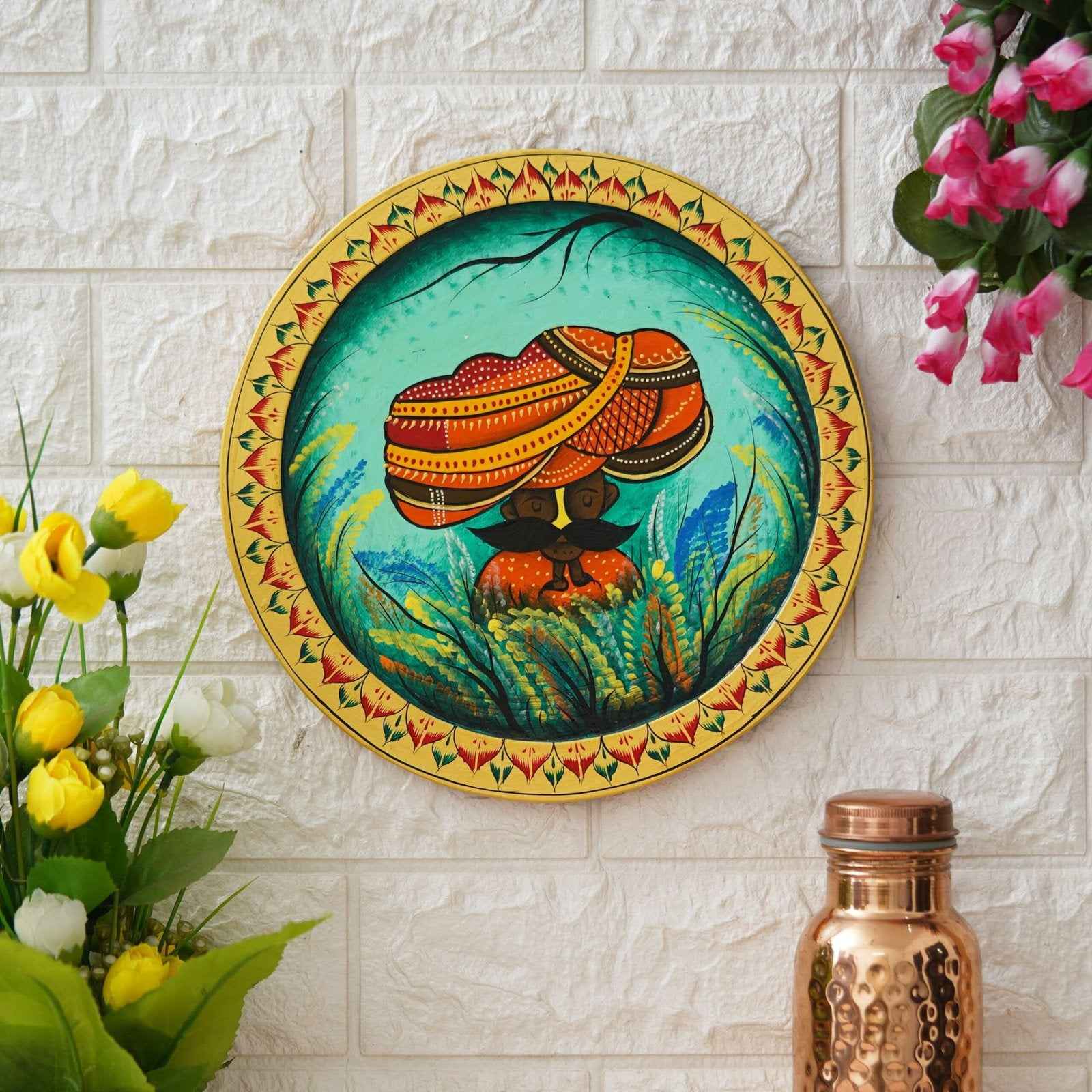 Wooden Pichwai Wall Plate-Lotus Crown Cow Design, Handcrafted (12x12 Inches)