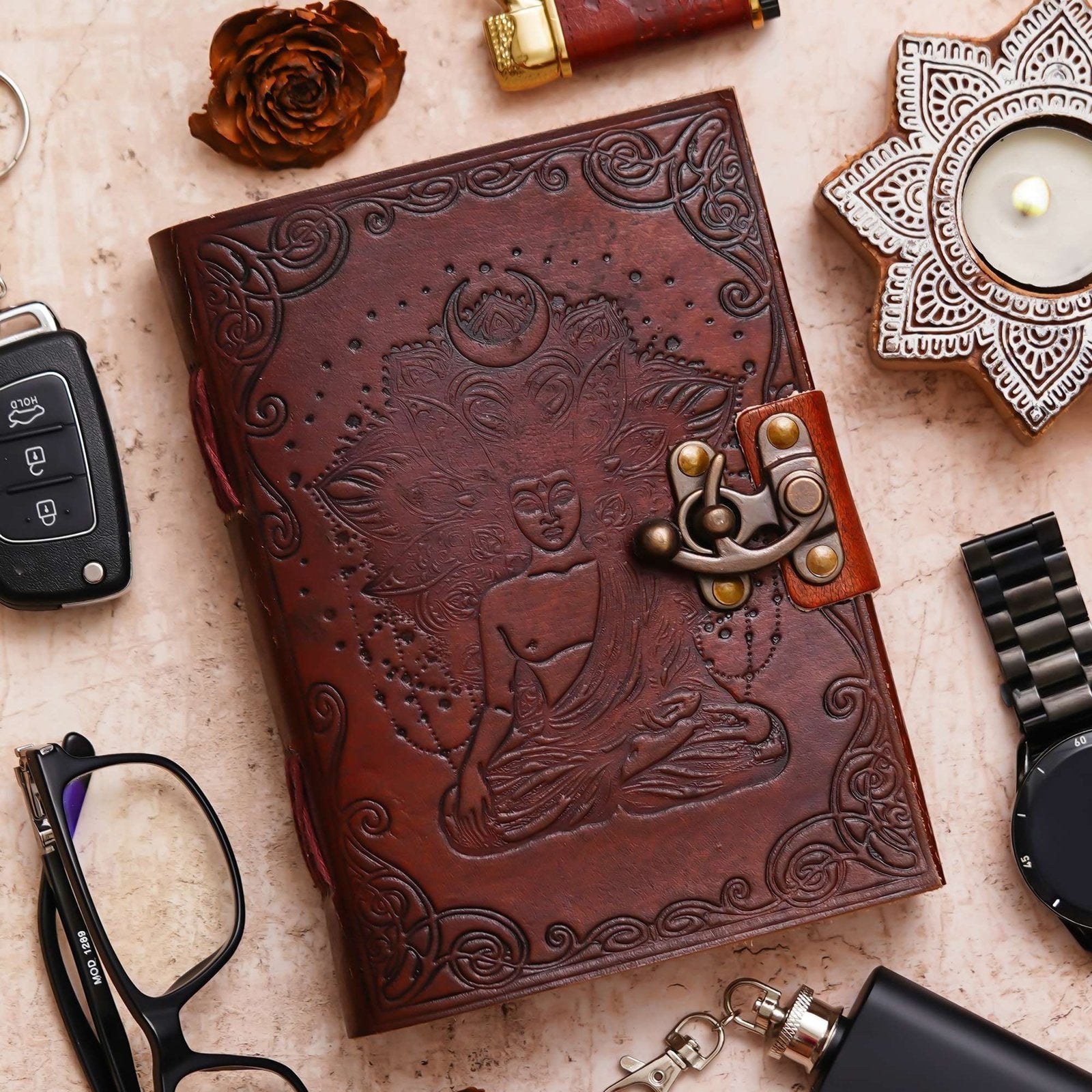 Vintage Handmade Genuine Leather Journal-Premium Antique Lock Closure-200 Handmade White Pages -14 - Navkar Handicrafts