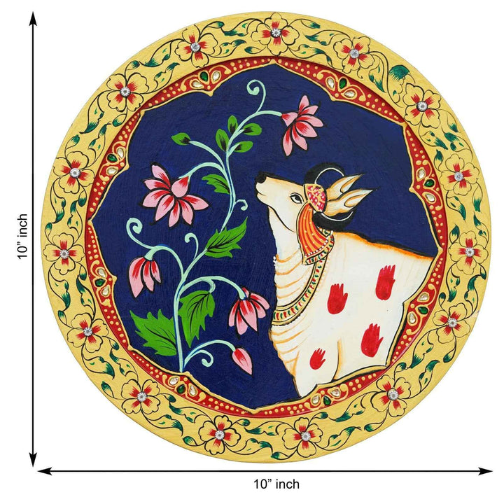Pichwai Art Decor Plate-Spiritual Cow-Tree Theme on Wood (12x12 Inches)