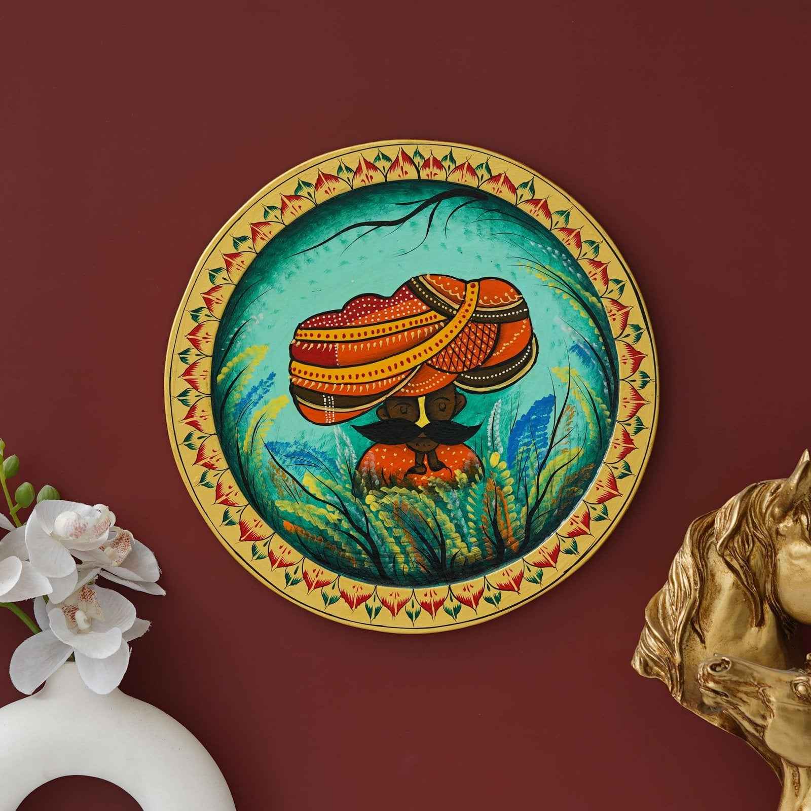 Wooden Pichwai Wall Plate-Lotus Crown Cow Design, Handcrafted (12x12 Inches)
