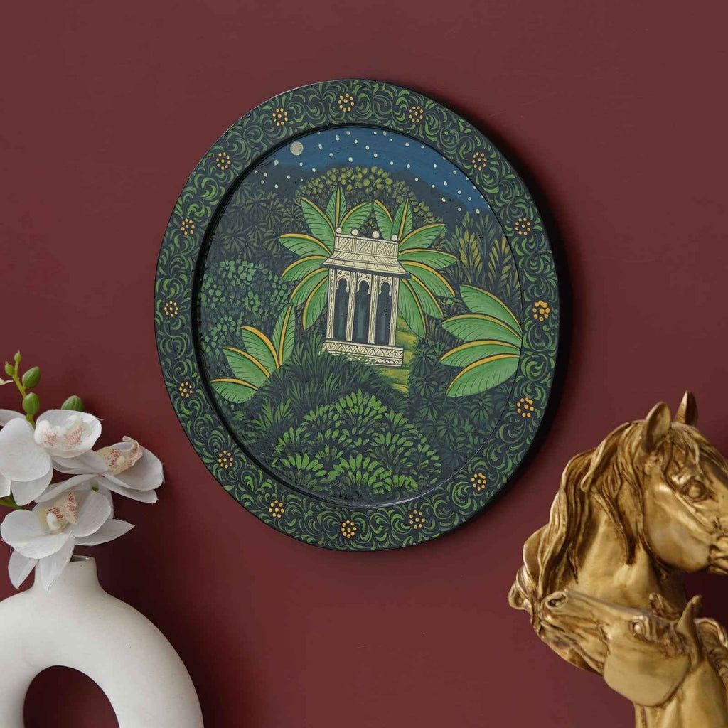 Handcrafted Wooden Wall Plate-Rajasthani Cow-Kalash Artwork (12x12 Inches)