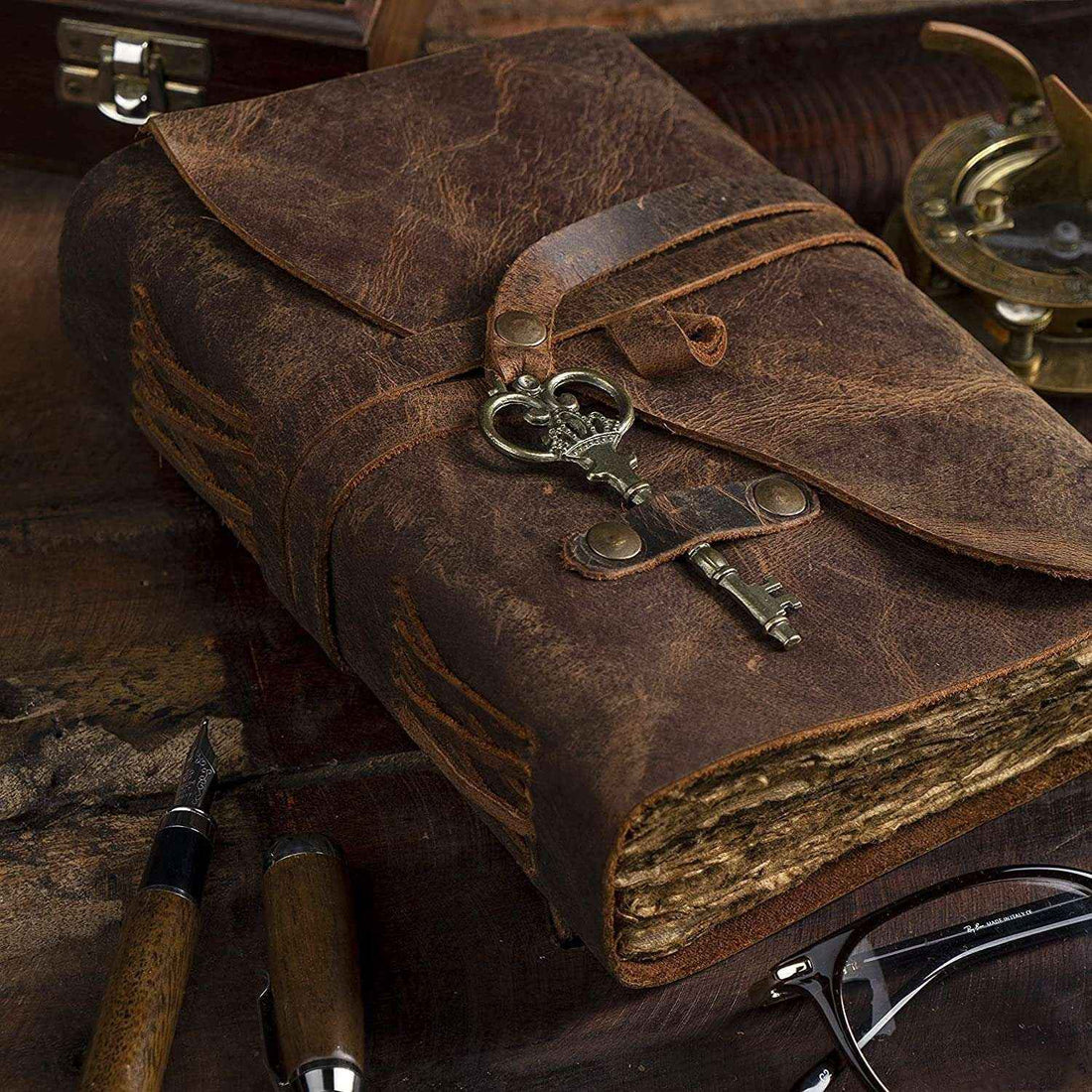 Genuine Leather Diary-Vintage Handmade Leather Journal-Premium Antique Key Closure-200 Handmade Deckle Edge Antique Pages