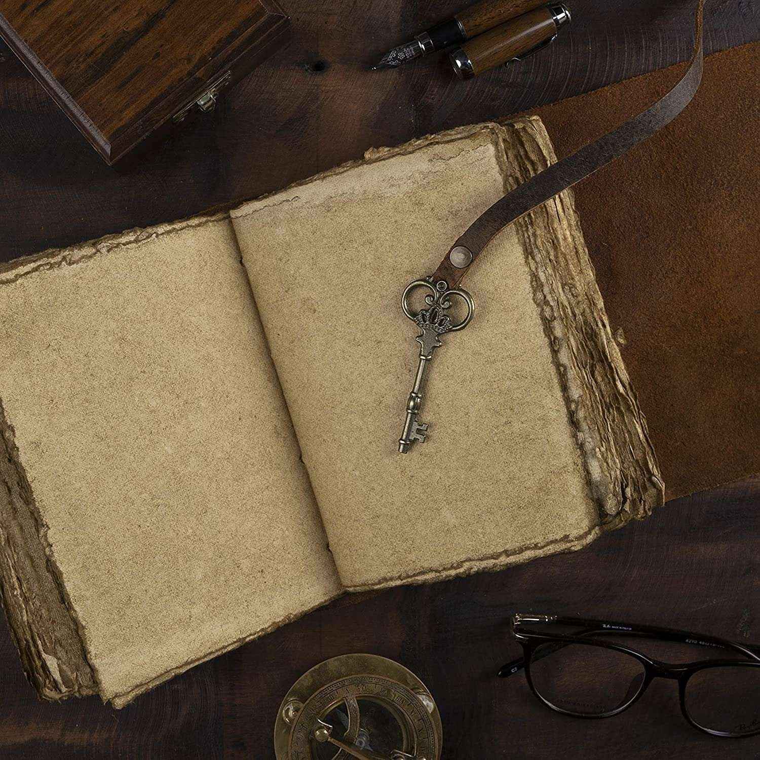 Genuine Leather Diary-Vintage Handmade Leather Journal-Premium Antique Key Closure-200 Handmade Deckle Edge Antique Pages