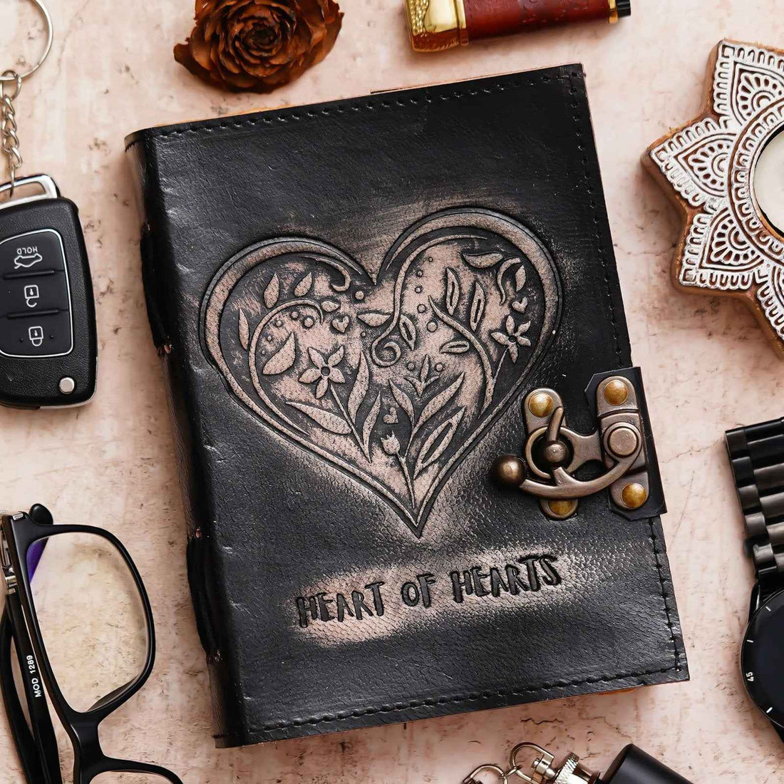 Vintage Handmade Genuine Leather Journal-Premium Antique Lock Closure-200 Handmade Brown Pages -5