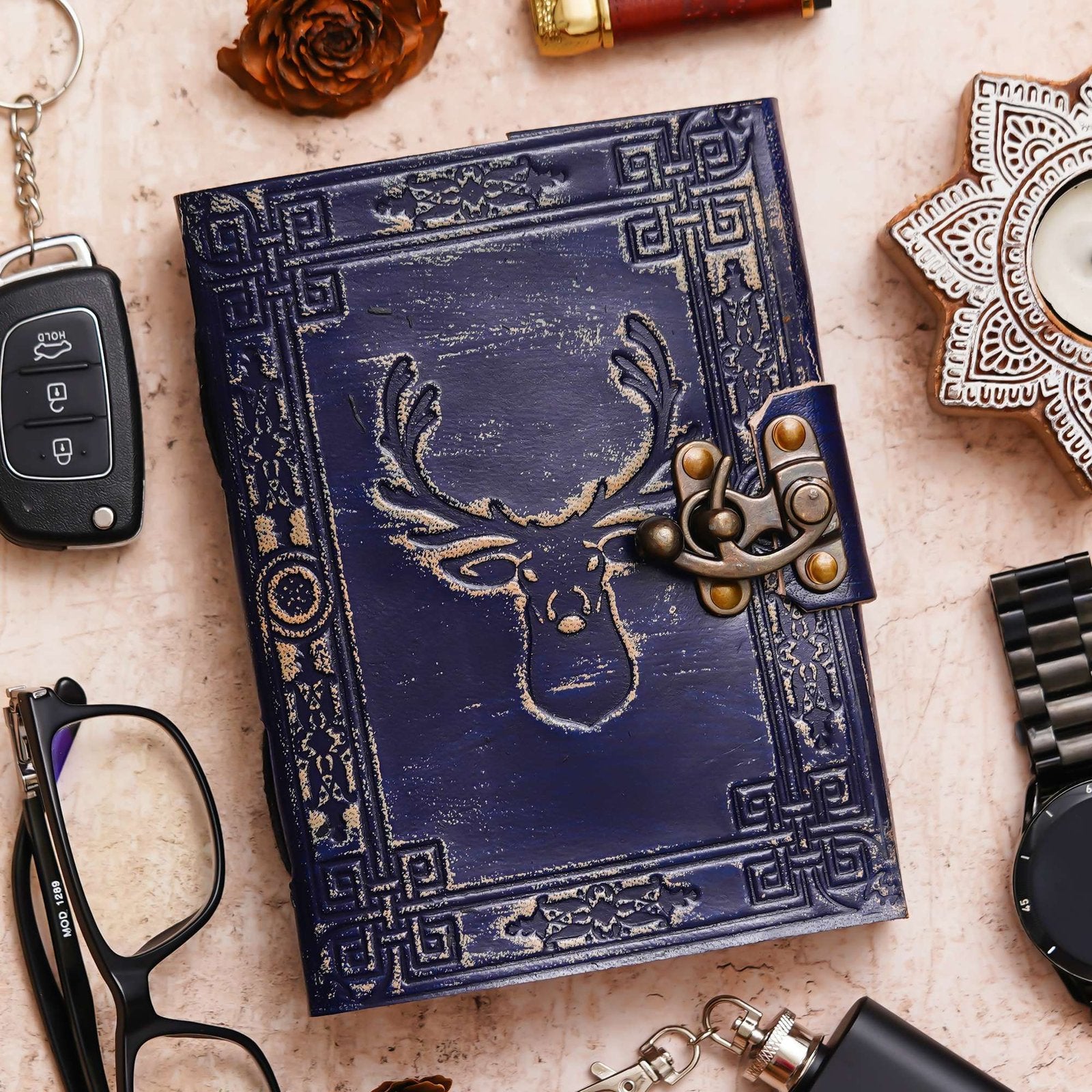 Vintage Handmade Genuine Leather Journal-Premium Antique Lock Closure-200 Handmade White Pages -11 - Navkar Handicrafts