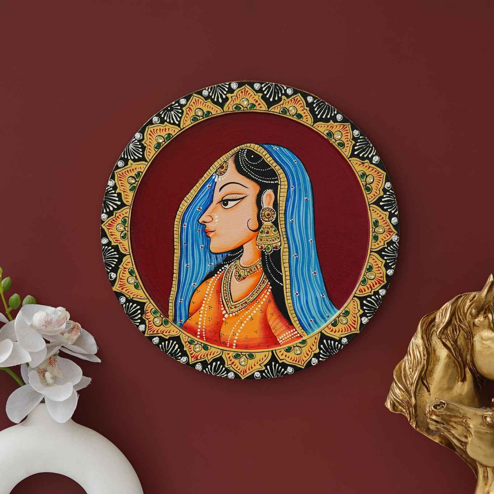 Classic Pichwai Wall Plate-Hand-Painted Cow Under Tree (12x12 Inches)