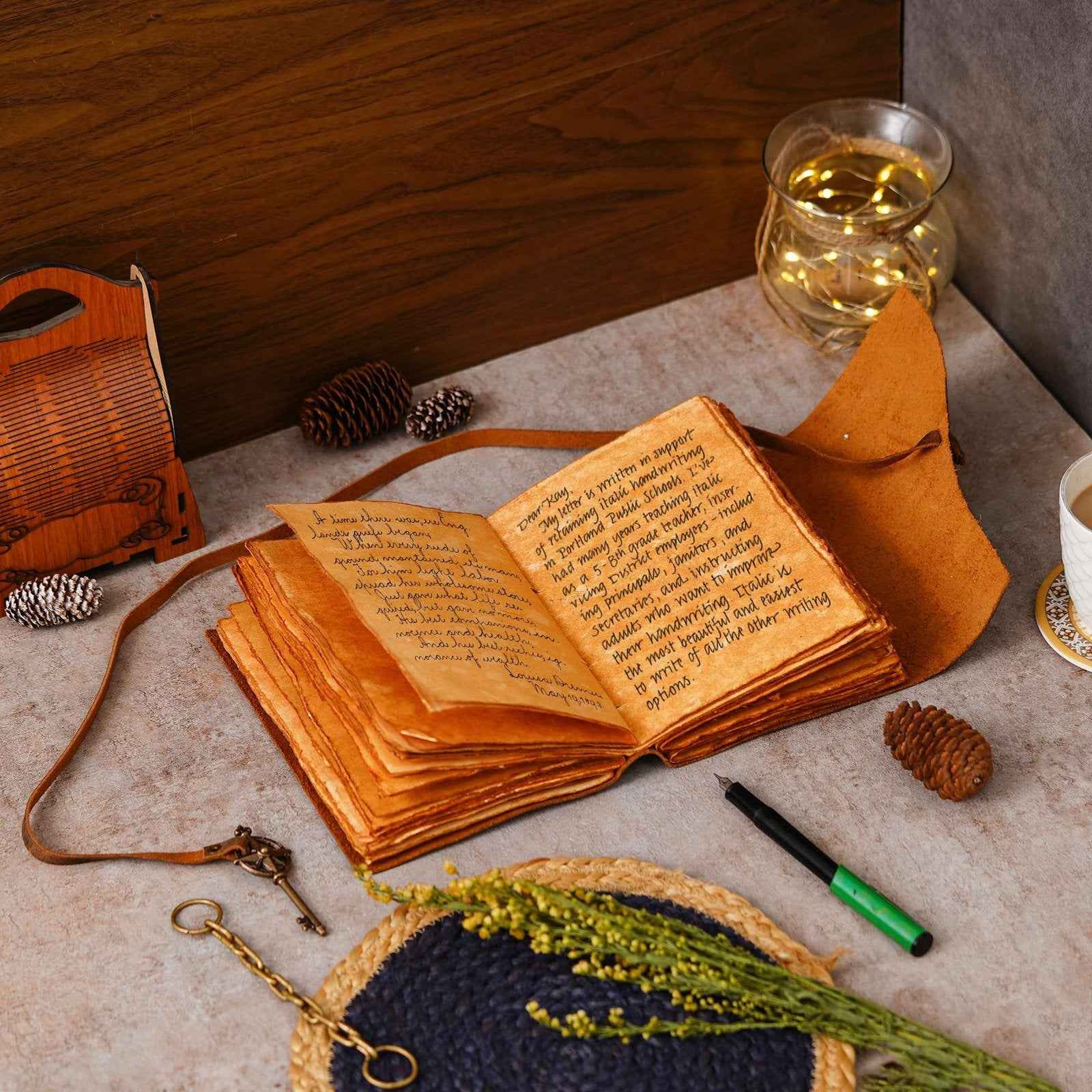 Vintage Handmade Genuine Leather Journal-Premium Antique Key Design String Closure-200 Handmade Brown Pages -3