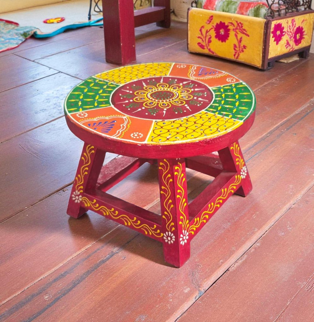 Hand-Painted Wooden Chowki Stool – Multicolor Traditional Design (7x7x5 inch)
