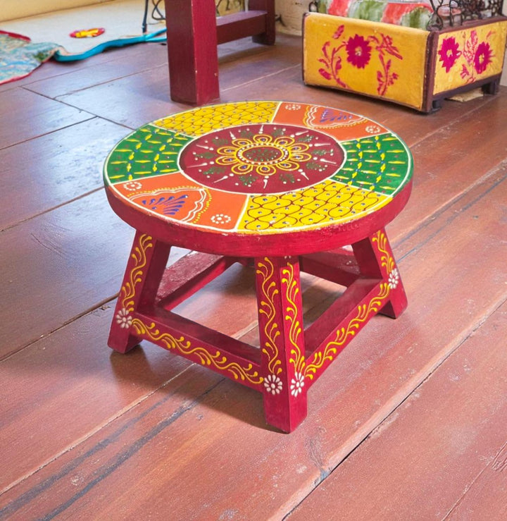 Hand-Painted Wooden Chowki Stool – Multicolor Traditional Design (7x7x5 inch)