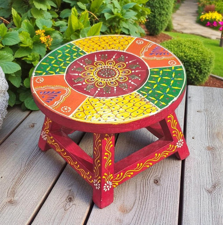 Hand-Painted Wooden Chowki Stool – Multicolor Traditional Design (7x7x5 inch)