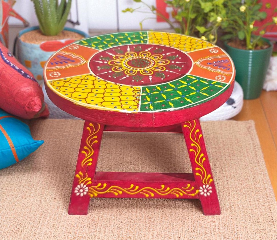 Hand-Painted Wooden Chowki Stool – Multicolor Traditional Design (7x7x5 inch)