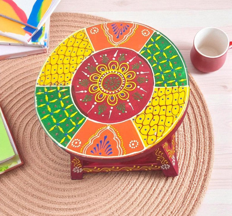 Hand-Painted Wooden Chowki Stool – Multicolor Traditional Design (7x7x5 inch)