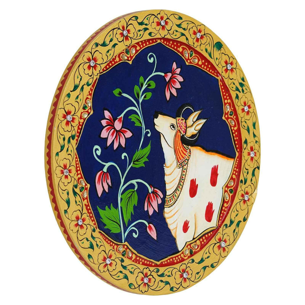 Pichwai Art Decor Plate-Spiritual Cow-Tree Theme on Wood (12x12 Inches)