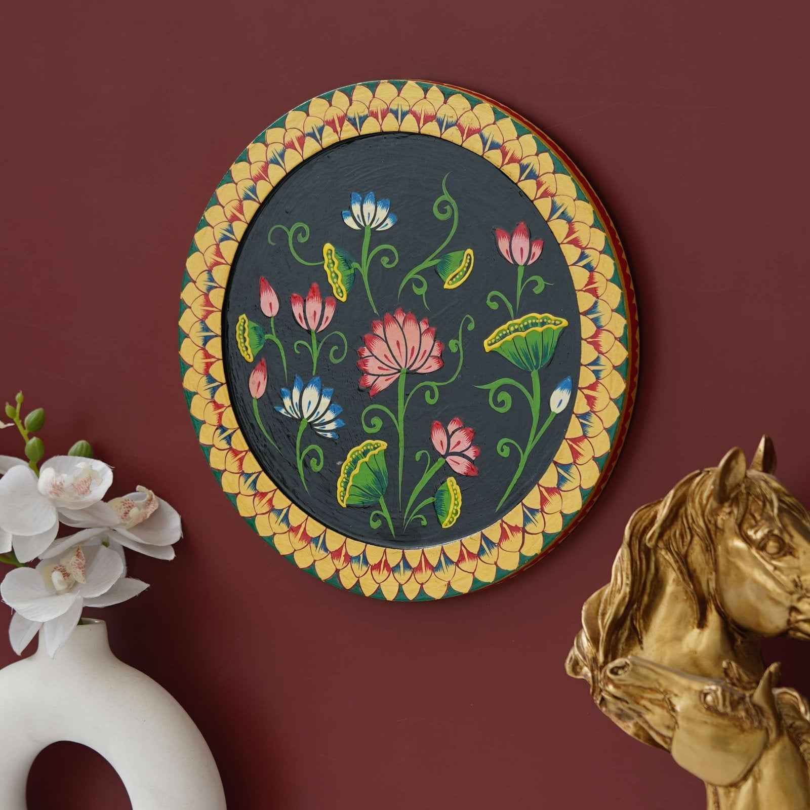 Traditional Indian Wall Plate-Holy Cow-Bell Design on Wood (12x12 Inches)