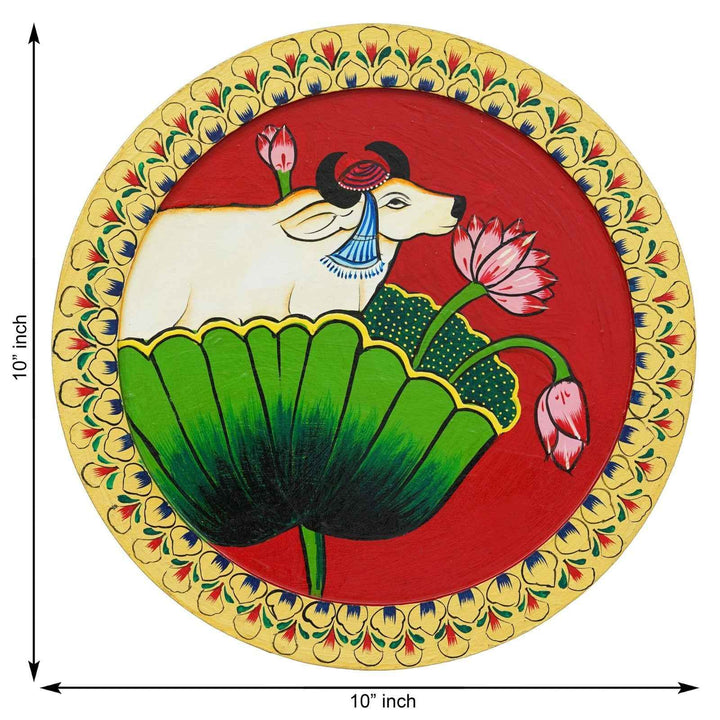 Handmade Ethnic Wall Plate-Pichwai Cow Art for Living Room (12x12 Inches)
