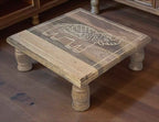 White Handcrafted Wooden Stool with Elephant Carving