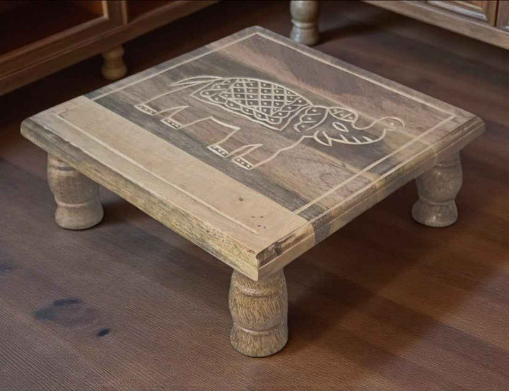 White Handcrafted Wooden Stool with Elephant Carving