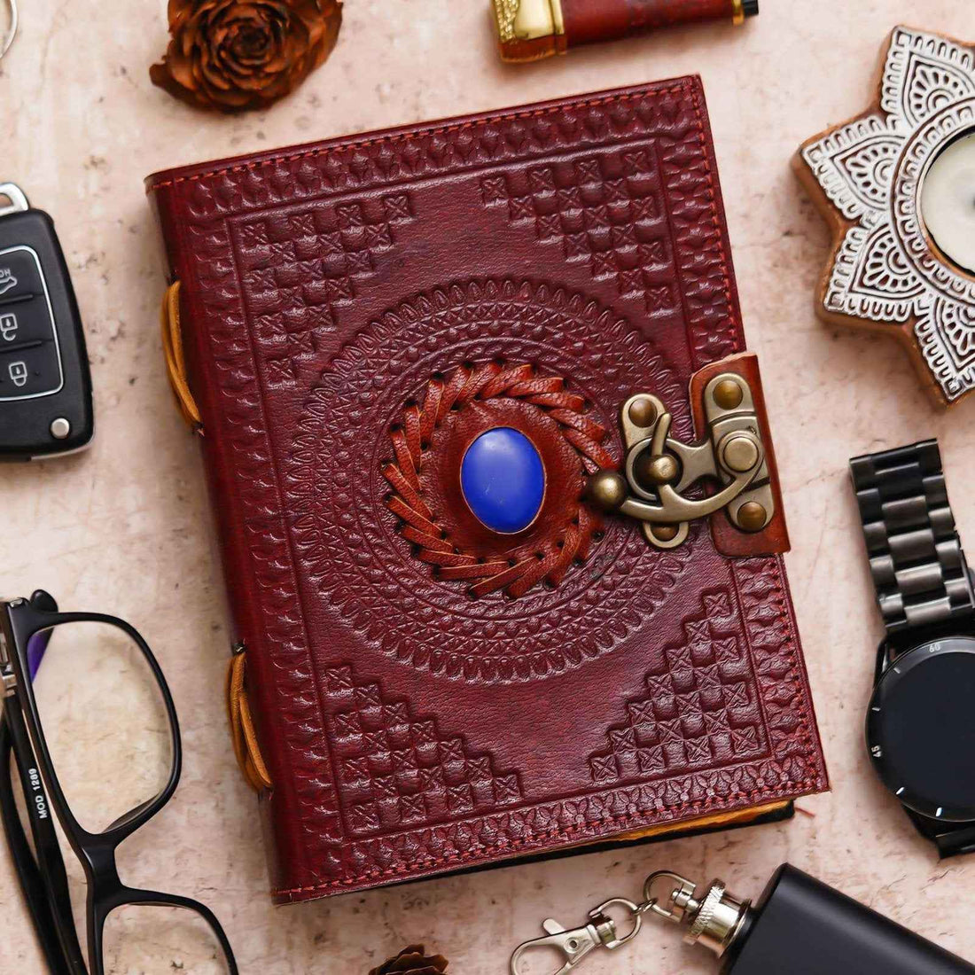 Vintage Handmade Genuine Leather Journal-Premium Antique Lock Closure-200 Handmade Brown Pages -3