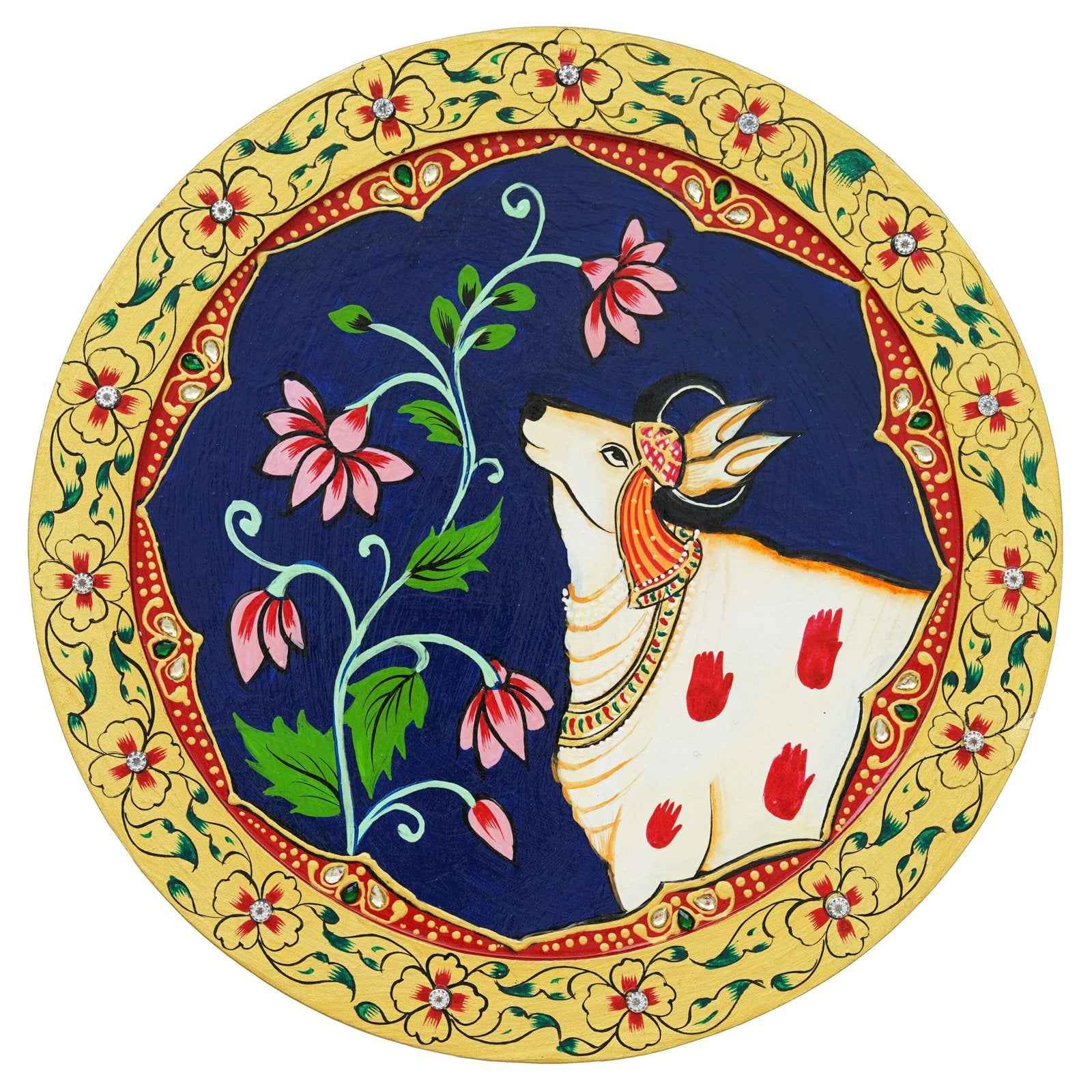 Pichwai Art Decor Plate-Spiritual Cow-Tree Theme on Wood (12x12 Inches)