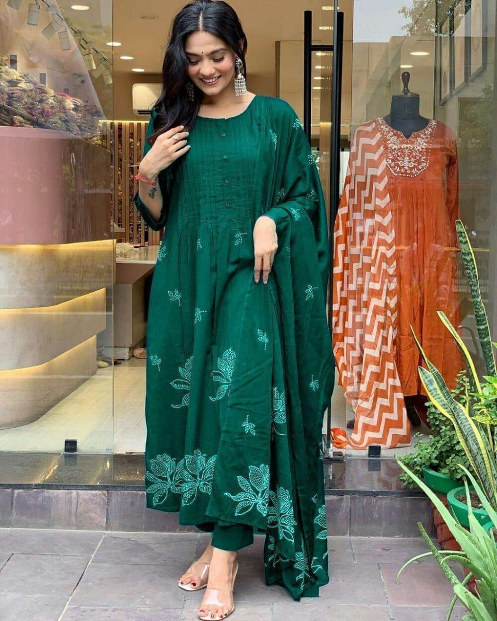 Women's Long Floral Print Kurta with Pant & Dupatta Set - Discharge Printex Style in Black, Green, Purple (M to XXL) - Image 9