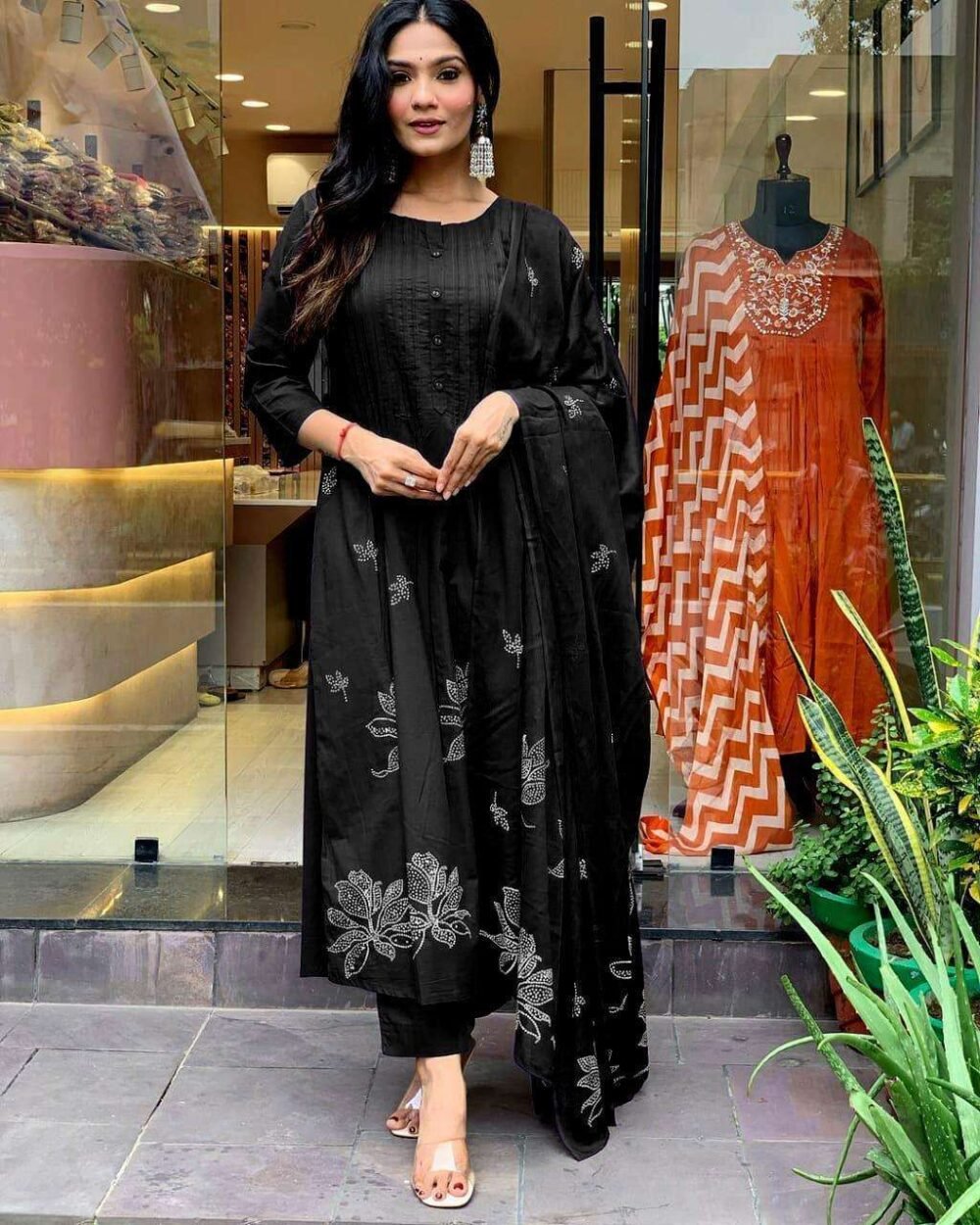 Women's Long Floral Print Kurta with Pant & Dupatta Set - Discharge Printex Style in Black, Green, Purple (M to XXL) - Image 3