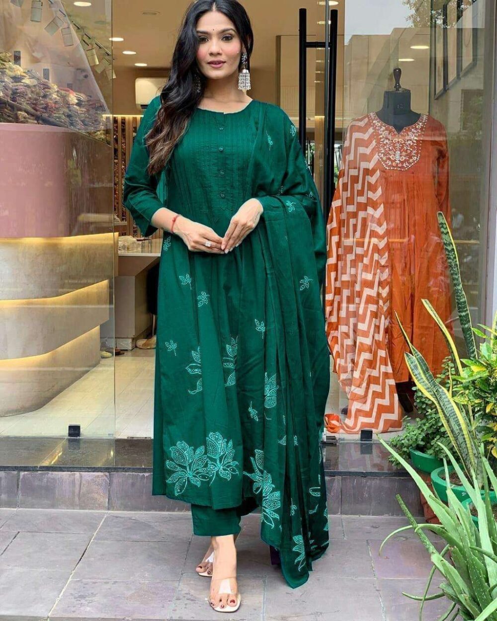 Women's Long Floral Print Kurta with Pant & Dupatta Set - Discharge Printex Style in Black, Green, Purple (M to XXL) - Image 10