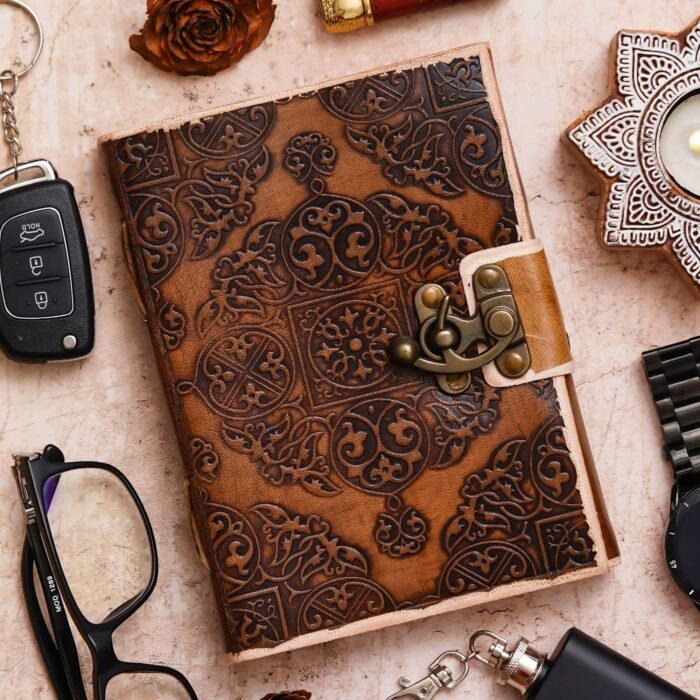 Vintage Handmade Genuine Leather Journal-Premium Antique Lock Closure-200 Handmade White Pages -20