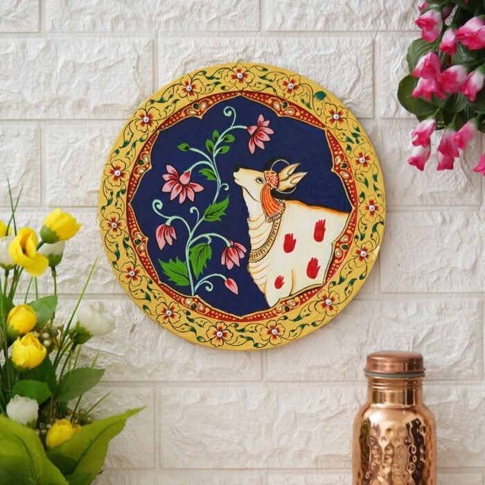 Pichwai Art Decor Plate-Spiritual Cow-Tree Theme on Wood (12x12 Inches)