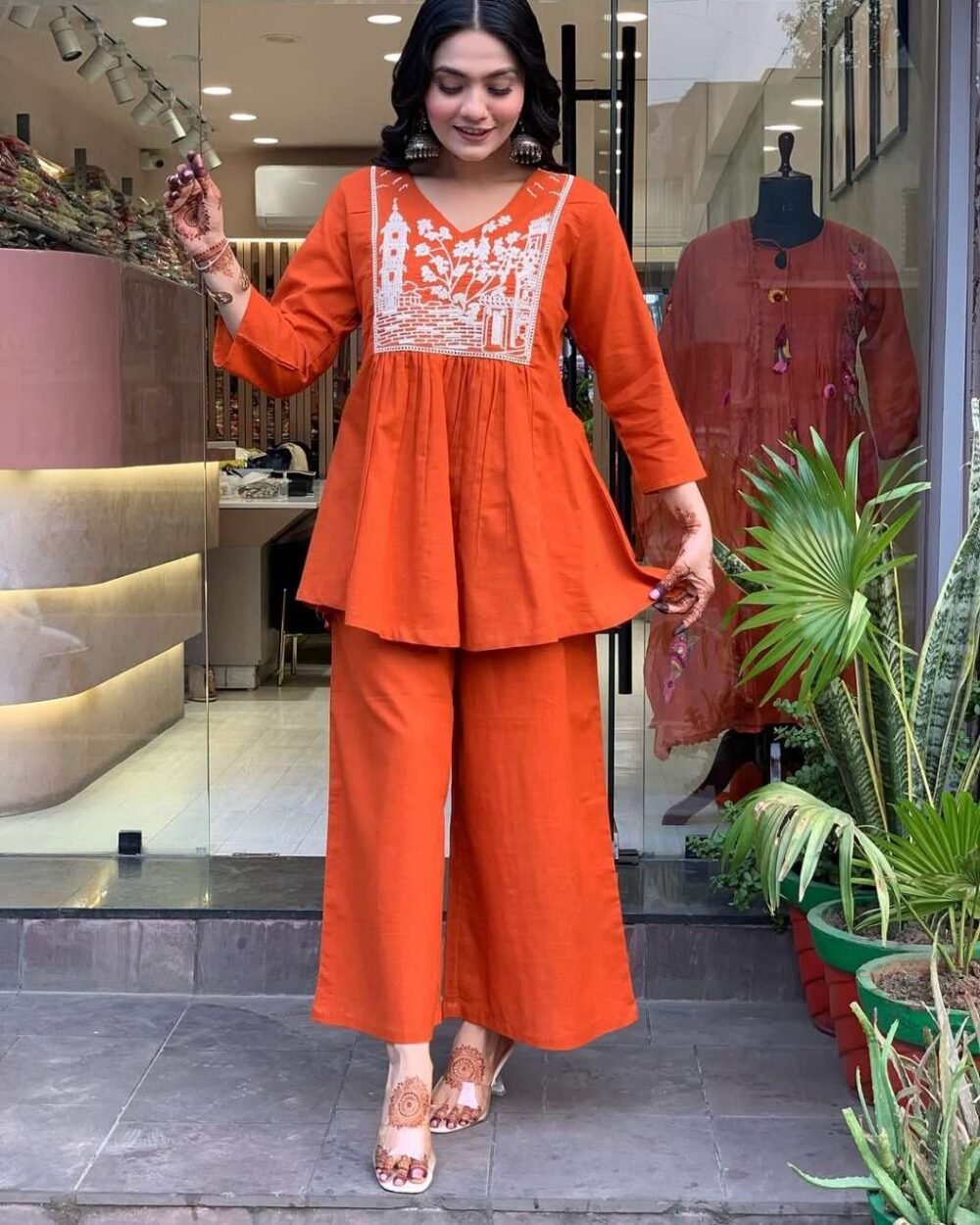 Women's Embroidered Cotton Slub Kurta Pant Set - Black/Orange - Image 13