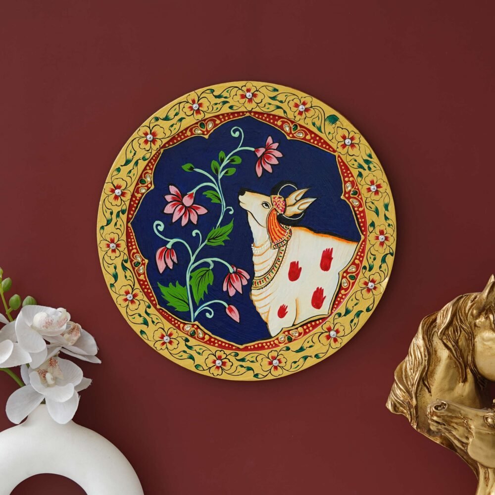 Pichwai Art Decor Plate-Spiritual Cow-Tree Theme on Wood (12x12 Inches) - Image 2
