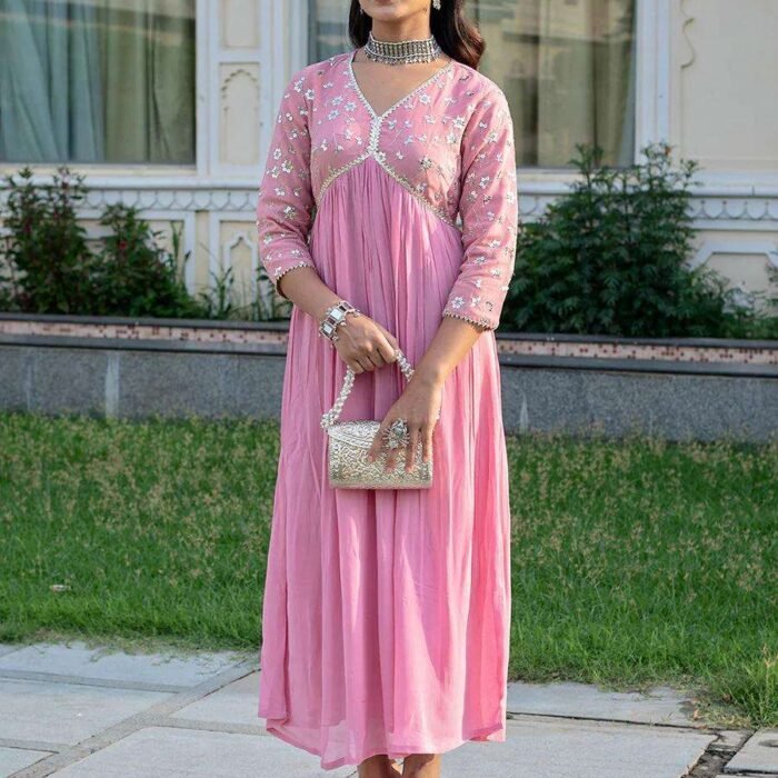 Women's Embroidered Georgette Kurta Set - Cotton Inner - Available in Pink & Mustard - Sizes M to XXL