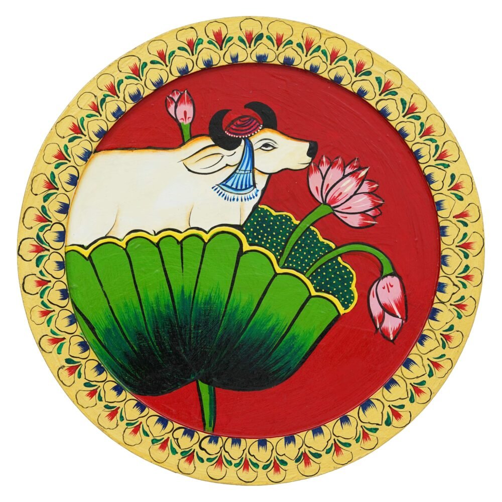 Handmade Ethnic Wall Plate-Pichwai Cow Art for Living Room (12x12 Inches) - Image 3