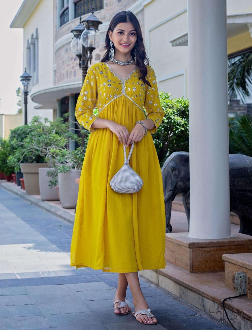 Women's Embroidered Georgette Kurta Set - Cotton Inner - Available in Pink & Mustard - Sizes M to XXL - Image 8