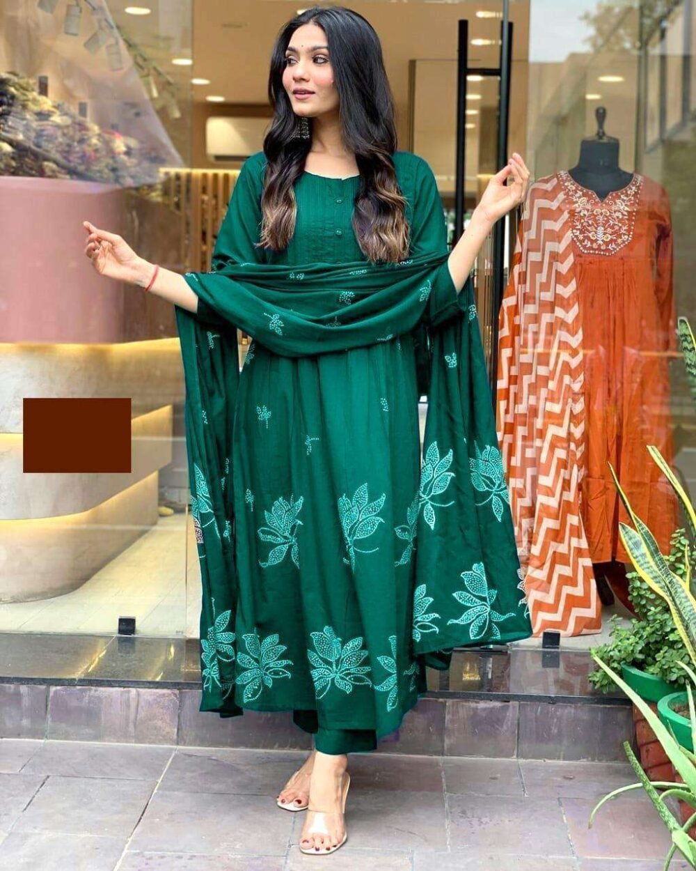 Women's Long Floral Print Kurta with Pant & Dupatta Set - Discharge Printex Style in Black, Green, Purple (M to XXL) - Image 6